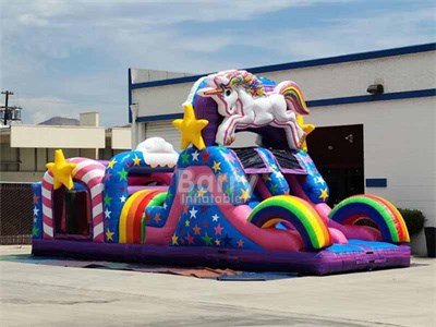 Commercial Pink Kids Combo Slide Inflatable Unicorn Obstacle Course 